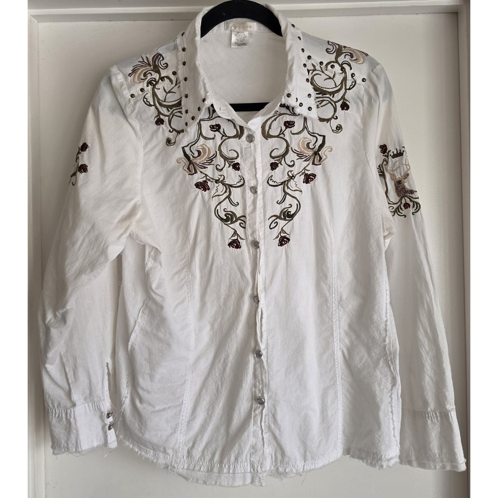 VTG Available 1X White Cotton Long Sleeve Collared Shirt Embroidery Studded Top